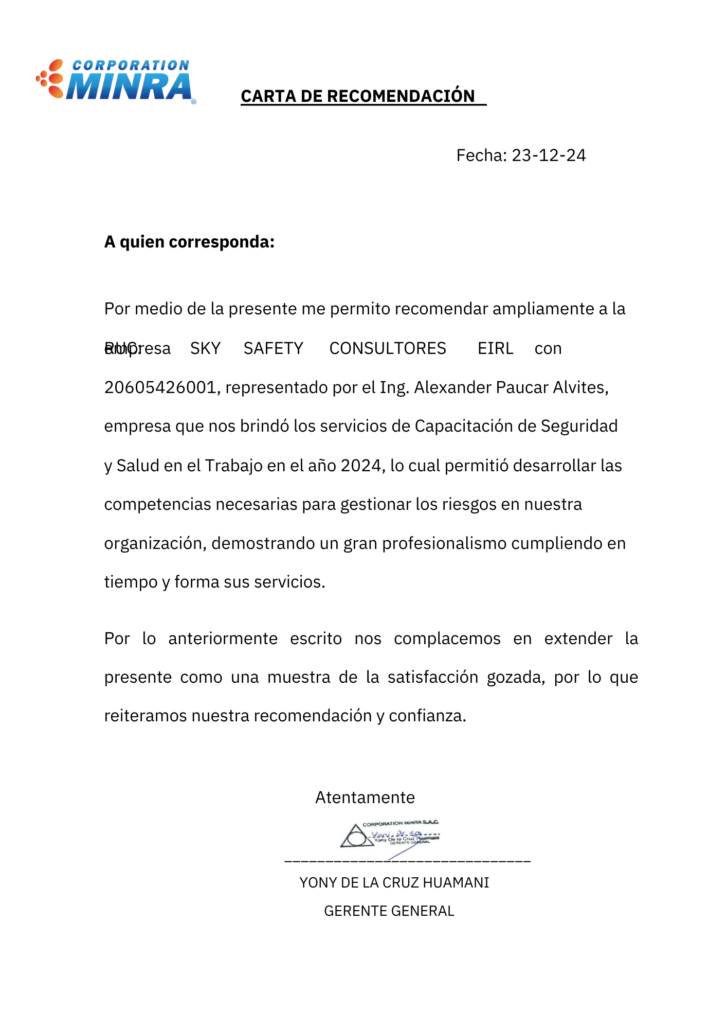 CARTA DE RECOMENDACION MINRA